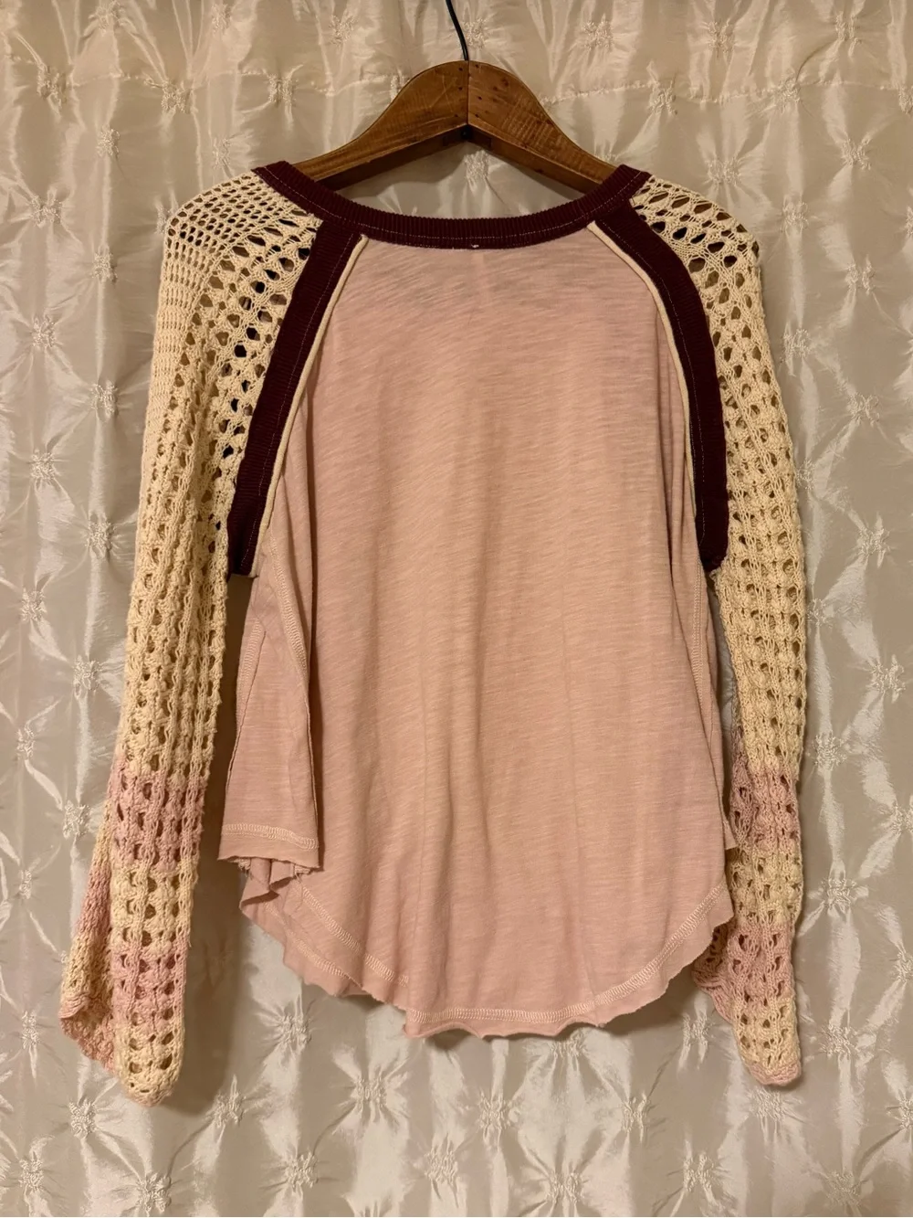 Free People Finders Keepers Rose Pink Cream Crochet Raglan Sleeve Boho Top S